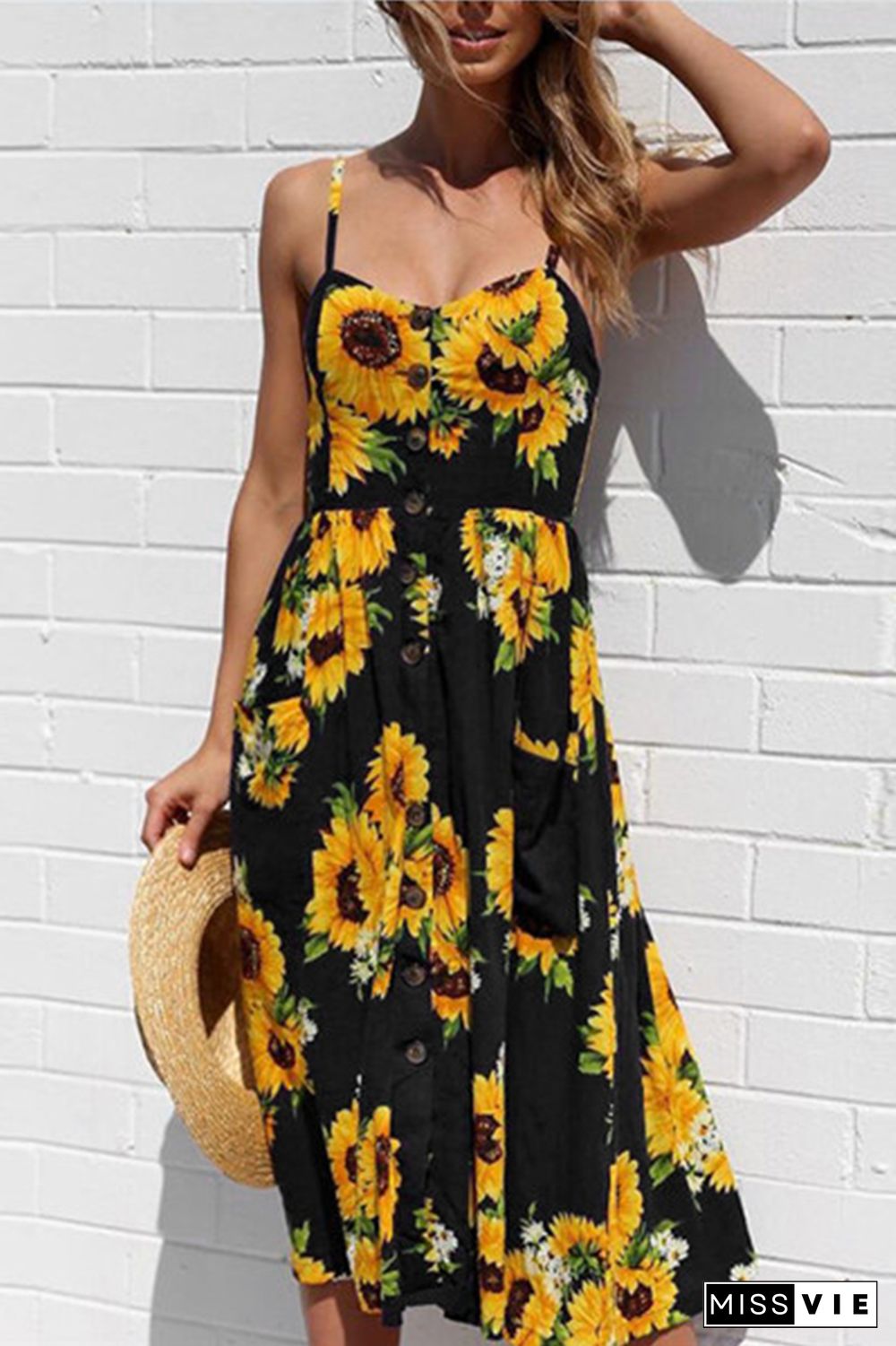 Casual Striped Floral Buckle Spaghetti Strap A Line Dresses