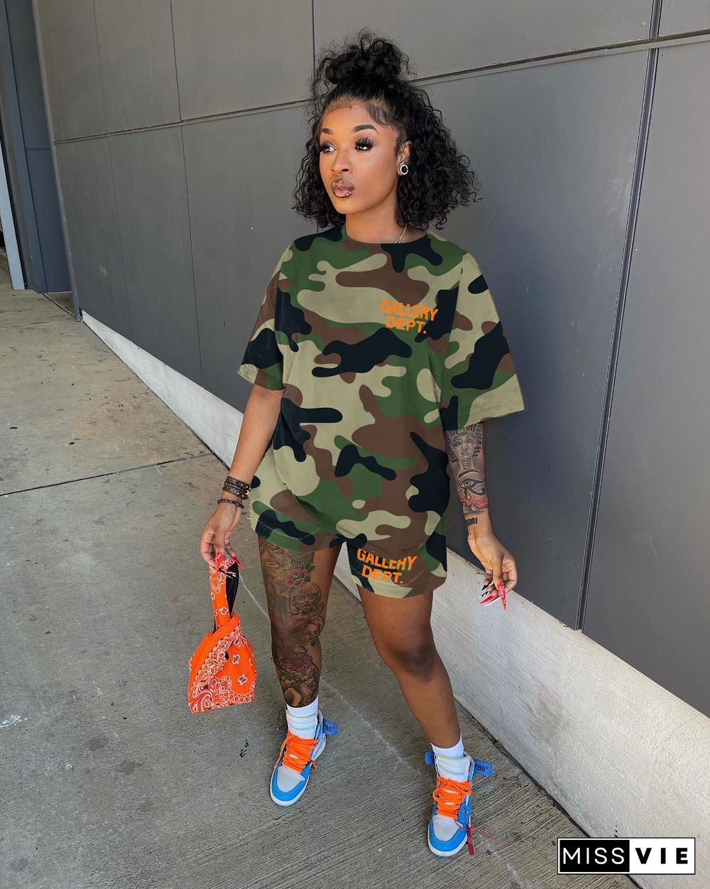 Camo Print Short Sleeve T Shirt Biker Shorts Tracksuits