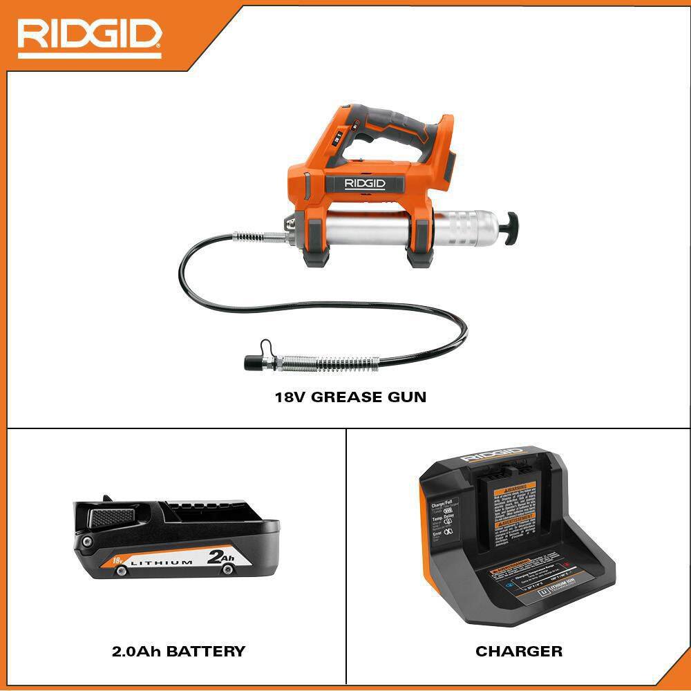 RIDGID 18V Cordless Grease Gun Kit with 2.0 Ah Battery and Charger with 18V Lithium-Ion 2.0 Ah Battery and Charger Kit R860445KN-AC9302