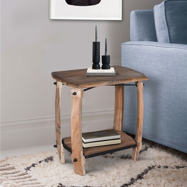 25 Inch Retro Rectangular Live Edge Acacia Wood Side End Accent Table with Bottom Shelf， Foyer， Den， Bedroom， or Living Room