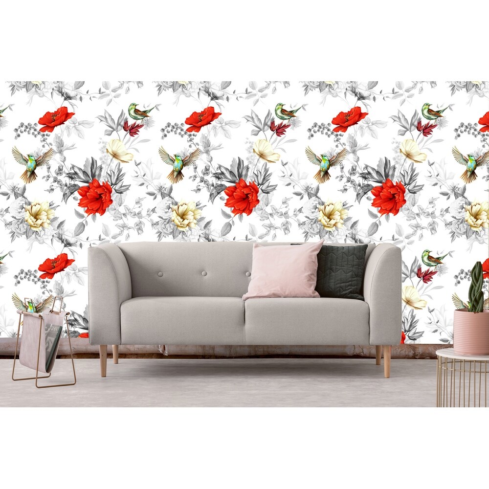 Summer Poppies and Birds Removable Wallpaper   10'ft H x 24''inch W