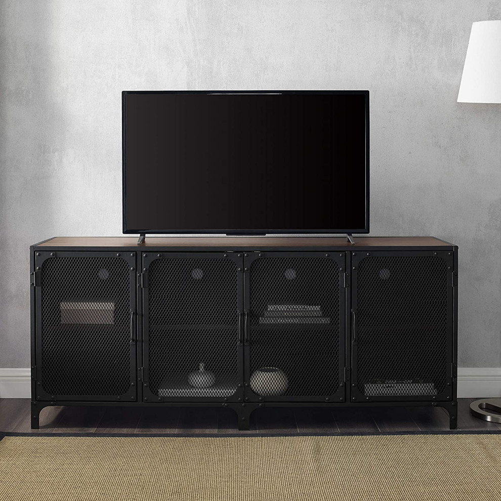 Industrial Entertainment Center  Metal Mesh Doors  Dark Walnut Finish   Industrial   Entertainment Centers And Tv Stands   by Decorn  Houzz