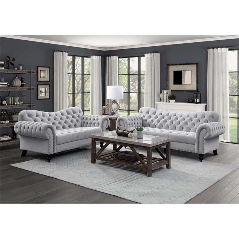 Lexicon Rosalie 83.5 quotVelvet Fabric Sofa with Nailhead in Light Gray   Traditional   Sofas   by Homesquare  Houzz