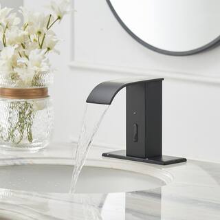 BWE Waterfall Automatic Sensor Touchless Bathroom Sink Faucet With Pop Up Drain With Overflow  Deck Plate In Matte Black A-918139-B