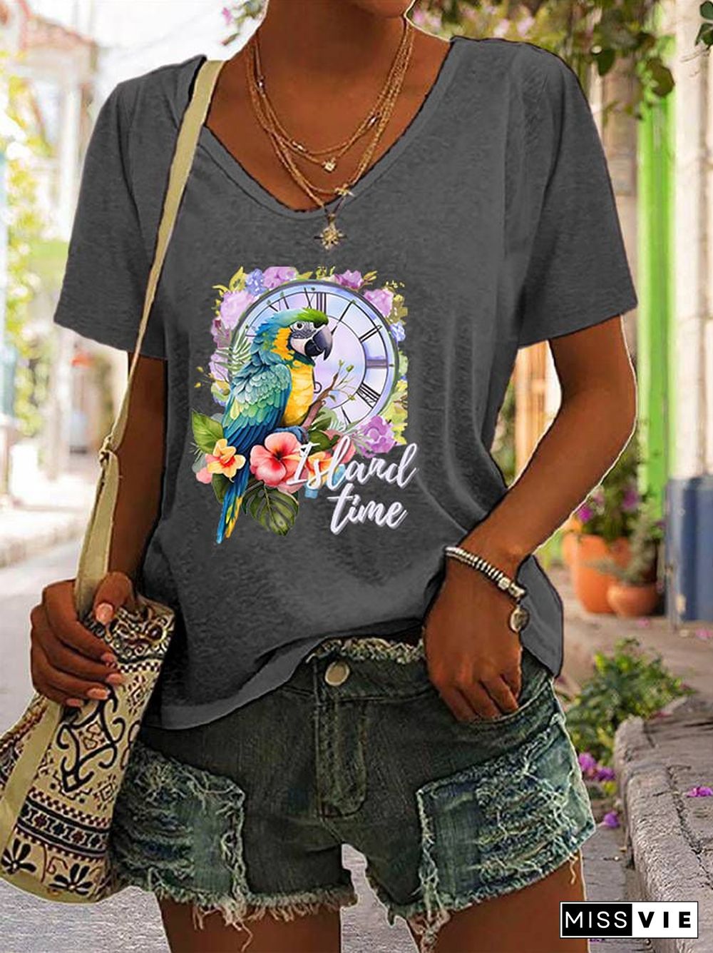 Women's Retro Parrothead Graphic Casual T-Shirt