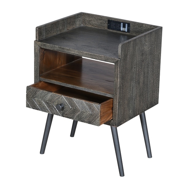 25 Inch Wood End Side Table with USB， Distressed Gray