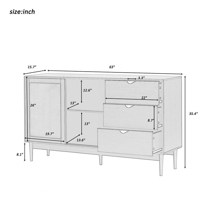 Modern Rattan Storage Sideboard Cabinet with Three Drawers