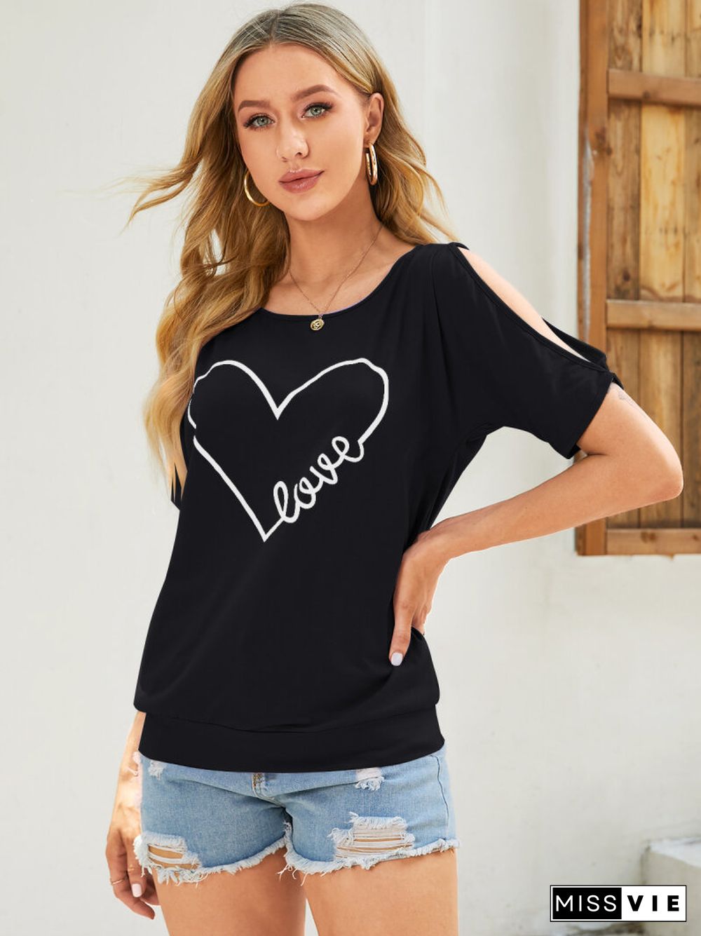 Letters Heart Printed O-neck Off Shoulder Blouse