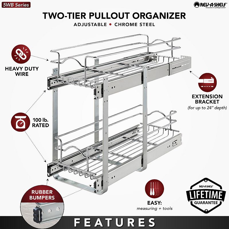 Rev-A-Shelf Kitchen Cabinet Pull Out Shelf Organizer， 9 x 22 In， 5WB2-0922CR-1