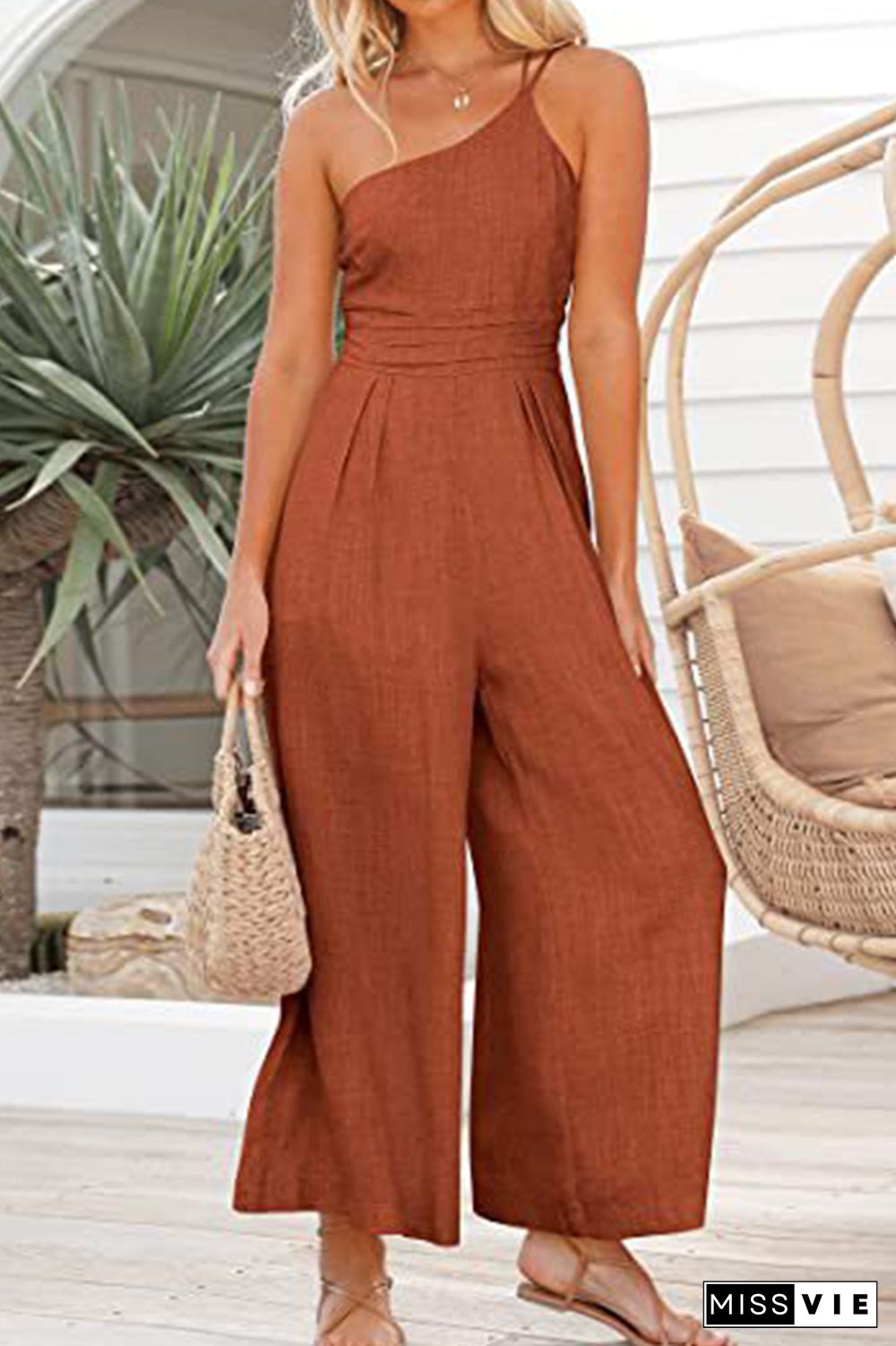 One Shoulder Wide Leg Long Pants Romper Wholesale