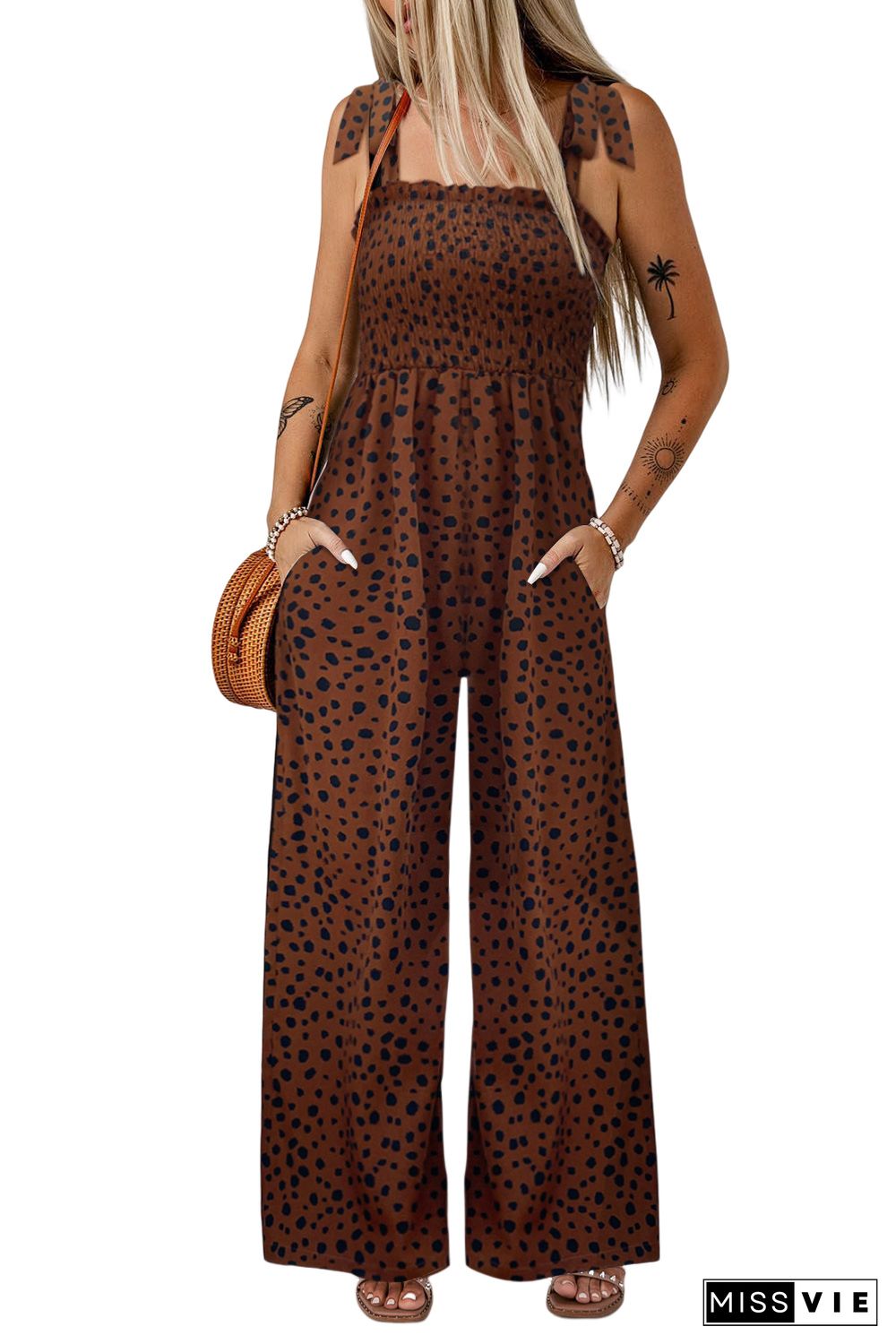 Brown Cheetah Print Smocked Wide Leg Jumpsuit