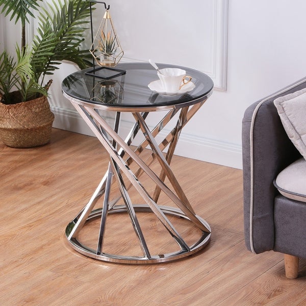 Round Glass Top Side Table with Stainless Steel Frame for Living Room， Modern Spiral Center Table Small Coffee Table End Table