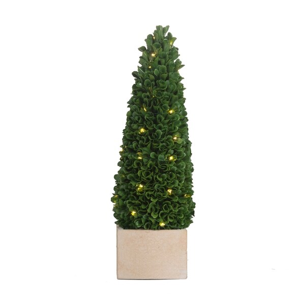 Green 16inch Faux Boxwood Potted Topiary Tree with Lights