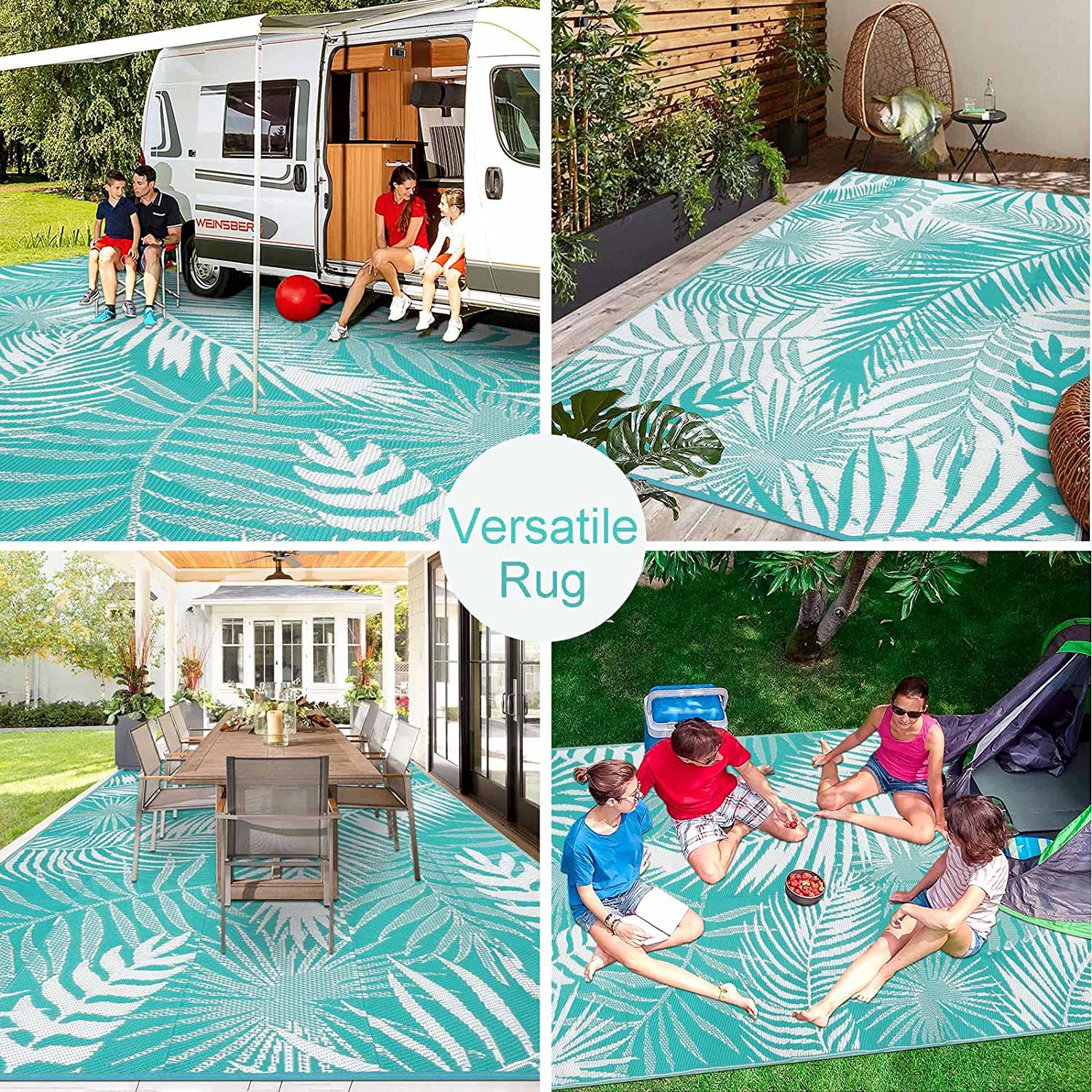 MeyJey High Quality Plastic Straw Reversible Outdoor Rugs Waterproof Leaf Carpet for RV, Patio, Deck, Camping 6' x 9' Teal