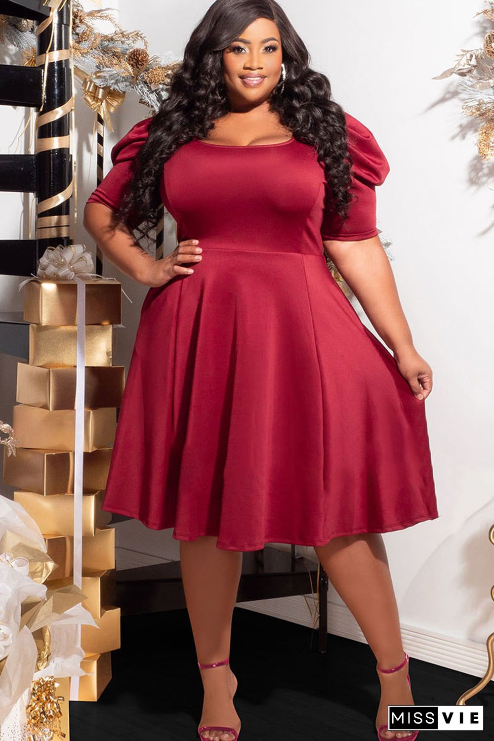 Red Plus Size Ruched Puff Sleeves Fit Flare Midi Dress