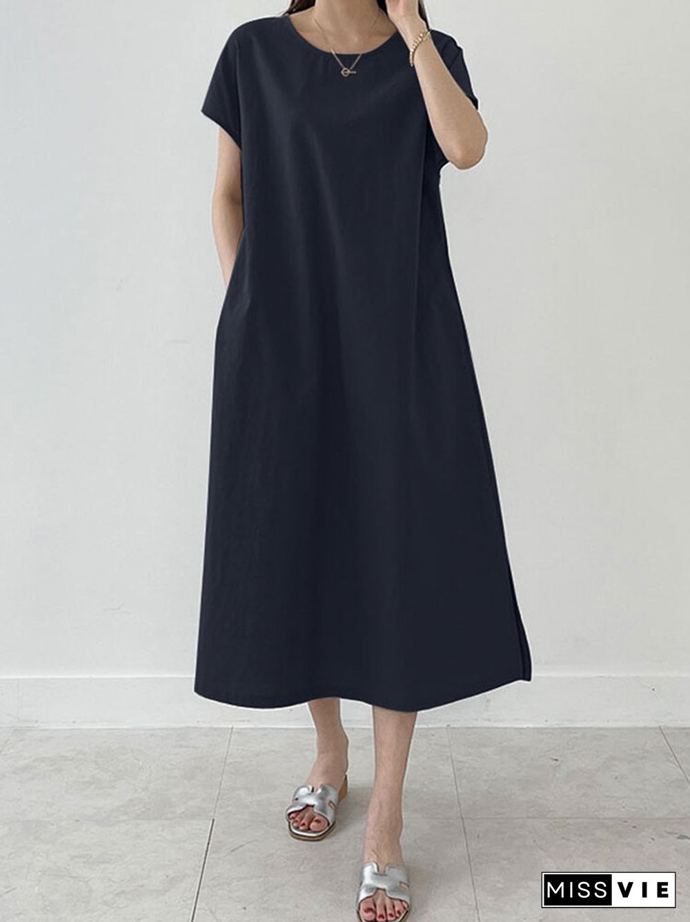 Cotton Solid Split Pocket Short Sleeve Casual Midi Dress