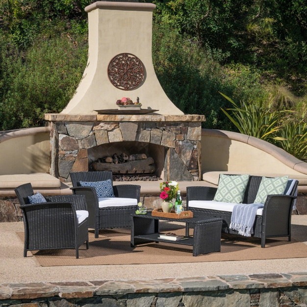 St Lucia 4pc Wicker Patio Seating Set Black white Christopher Knight Home