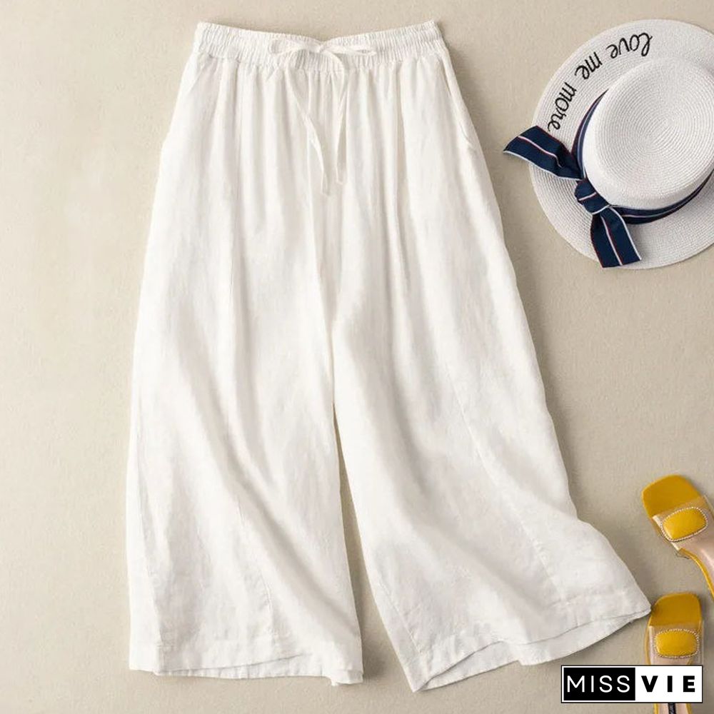 Dropping cotton and linen cropped wide-leg pants