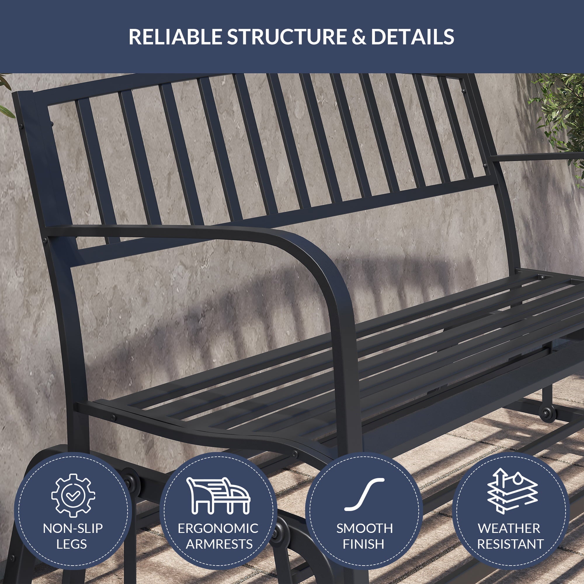 Belleze 50 Outdoor Garden Bench Glider Rocker Seat Swing Steel Frame, Black