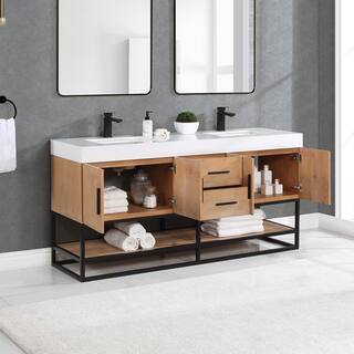 Altair Bianco 72 in. W x 22 in. D x 34 in . H Double Sink Bath Vanity in Light Brown with White Composite Stone Top 552072B-LB-WH-NM