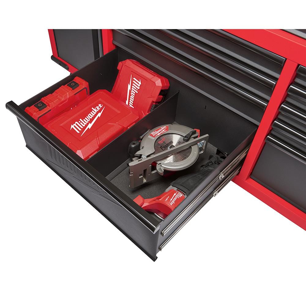 Milwaukee 61 in. 11-Drawer/1-Door 22 in. D Mobile Workbench with Sliding Pegboard Back Wall in Red/Black 48-22-8561