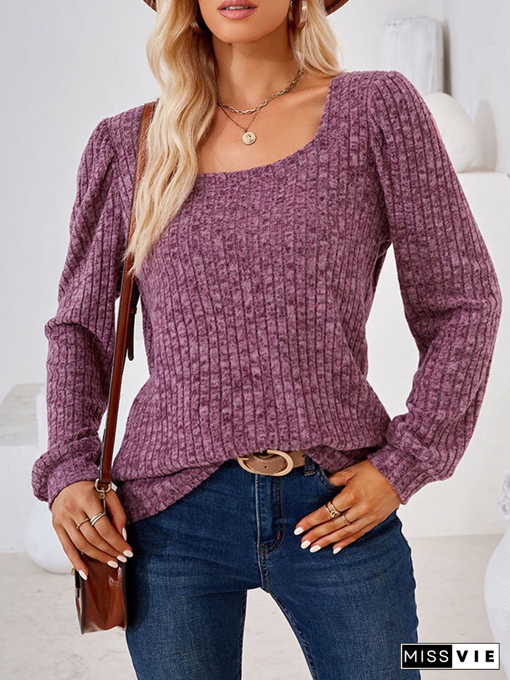 Long Sleeves Loose Solid Color Square-Neck T-Shirts Tops