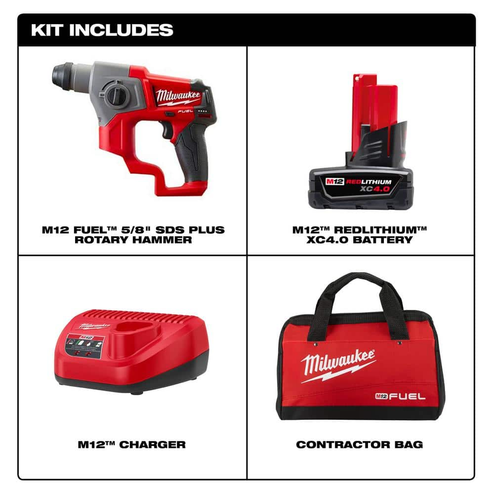 Milwaukee M12 FUEL 12V Lithium-Ion Brushless Cordless 5/8 in. SDS-Plus Rotary Hammer Kit with One 4.0Ah Battery and Bag 2416-21XC