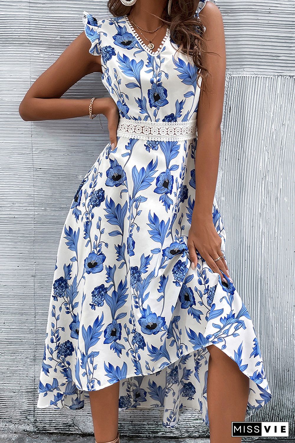 Blue Floral Print Sleeveless Dress Wholesale