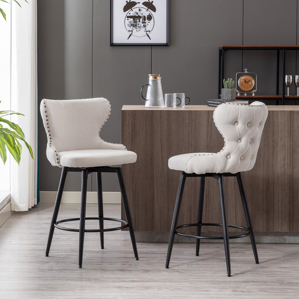 Counter Height Linen Fabric Bar Chairs 180° Swivel Bar Stools Set of 2