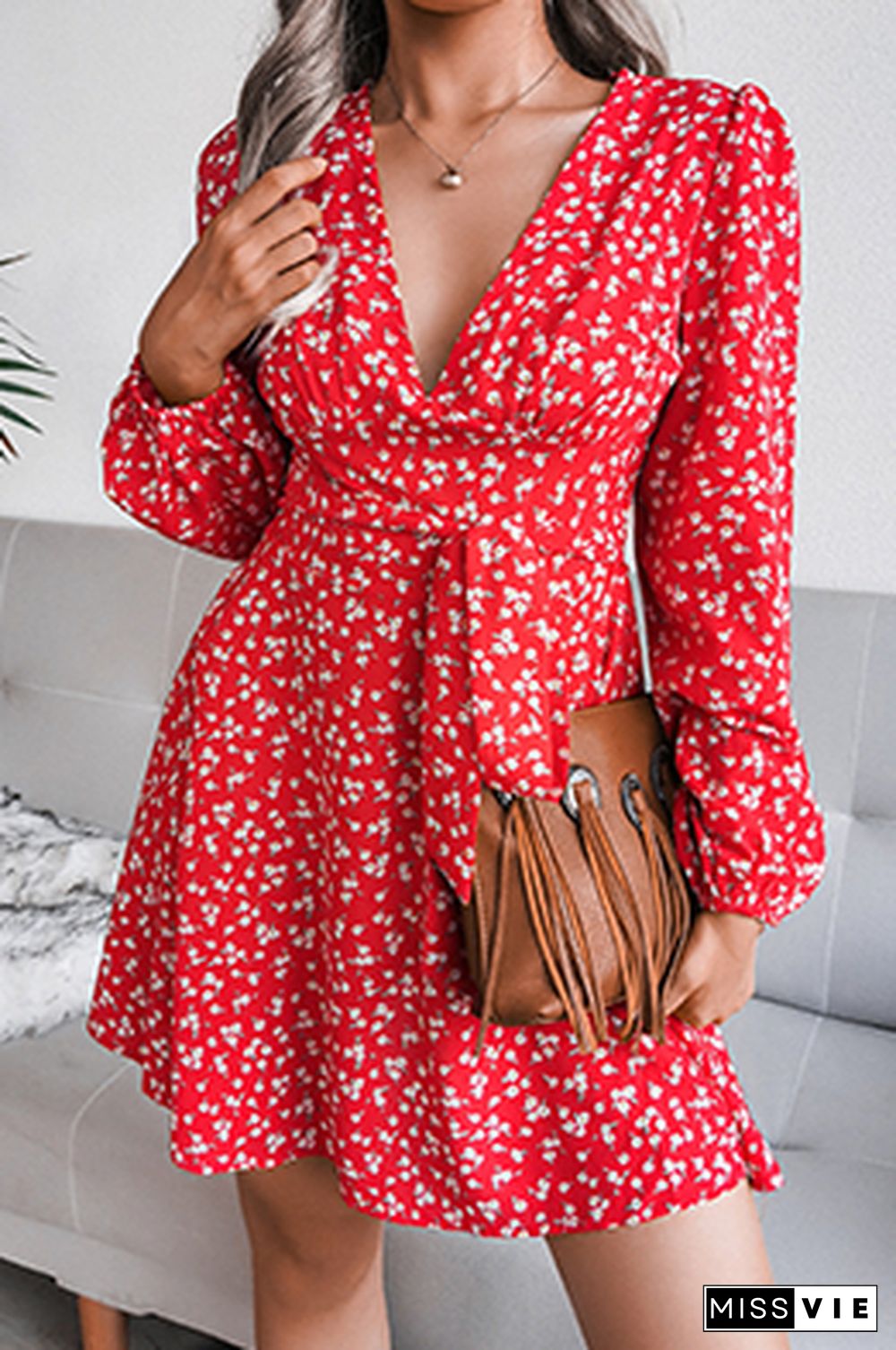 Casual Floral Split Joint Frenulum V Neck A Line Dresses