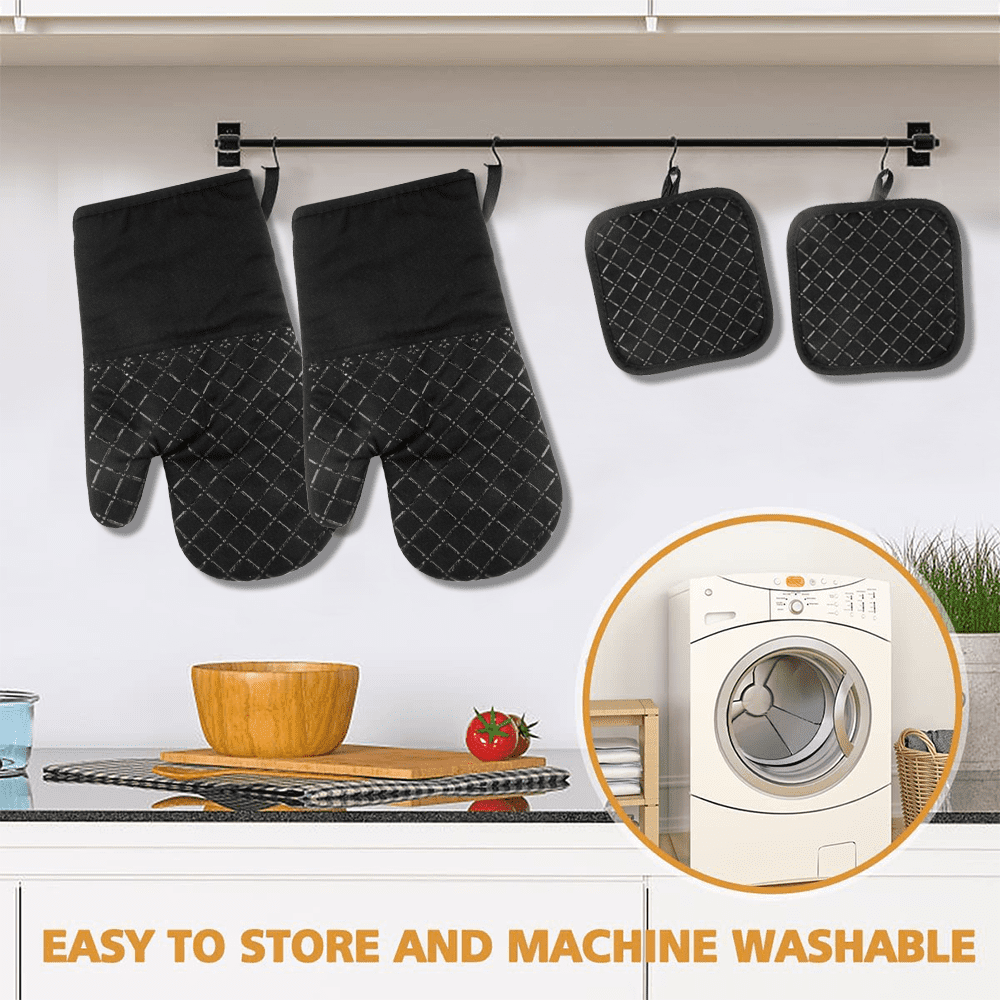 SUGARDAY Silicone Pot Holders and Oven Mitts Sets Kitchen Gloves Heat-Resistant Non-Slip for Baking Cooking Black 4 Pieces