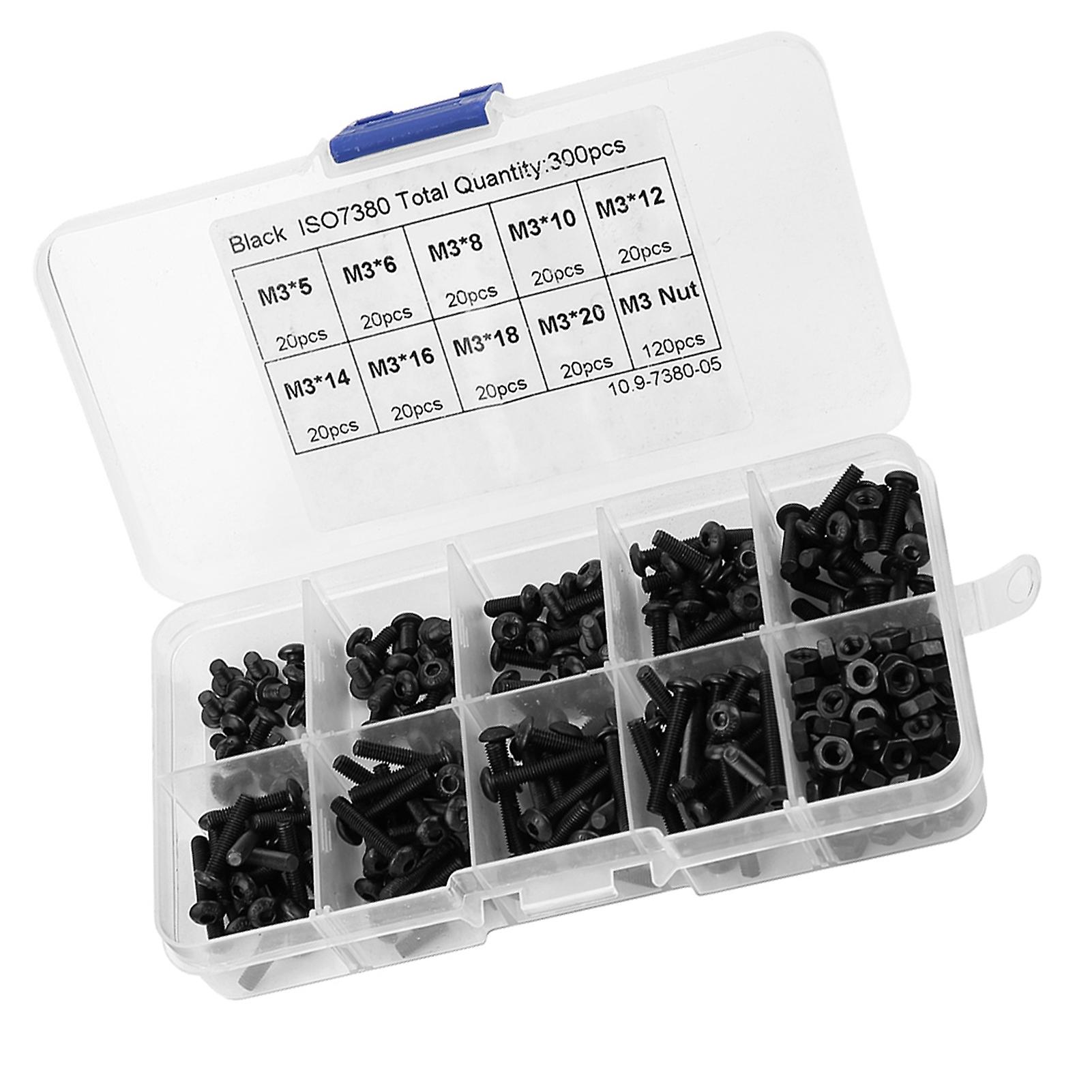 300pcs M3 Black 10.9 Grade Button Head Hex Socket Screw Bolt Nut Assortment Kit