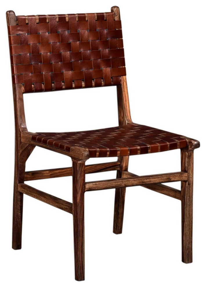 Benzara BM286399 Set of 2 Wood Dining Chairs  Leather Woven Back  ampSeat  Brown   Transitional   Dining Chairs   by Uber Bazaar  Houzz