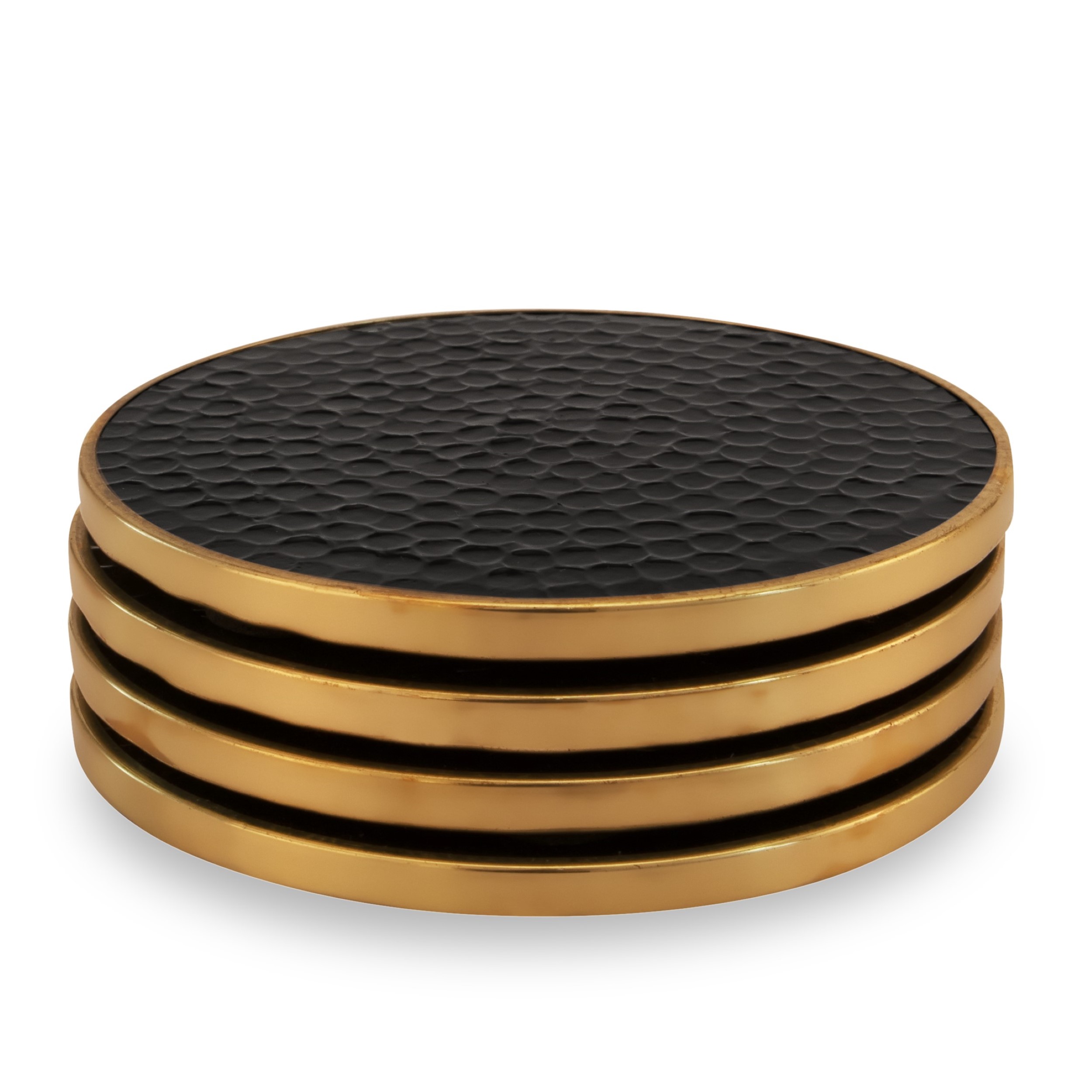 Set of 4 Coasters Hammered Black Effect for Table top Protection - Wood and Aluminum Coasters - Tea Coasters - Table Coasters - Drink Coasters - Housewarming Gift - Gold and Black Finish