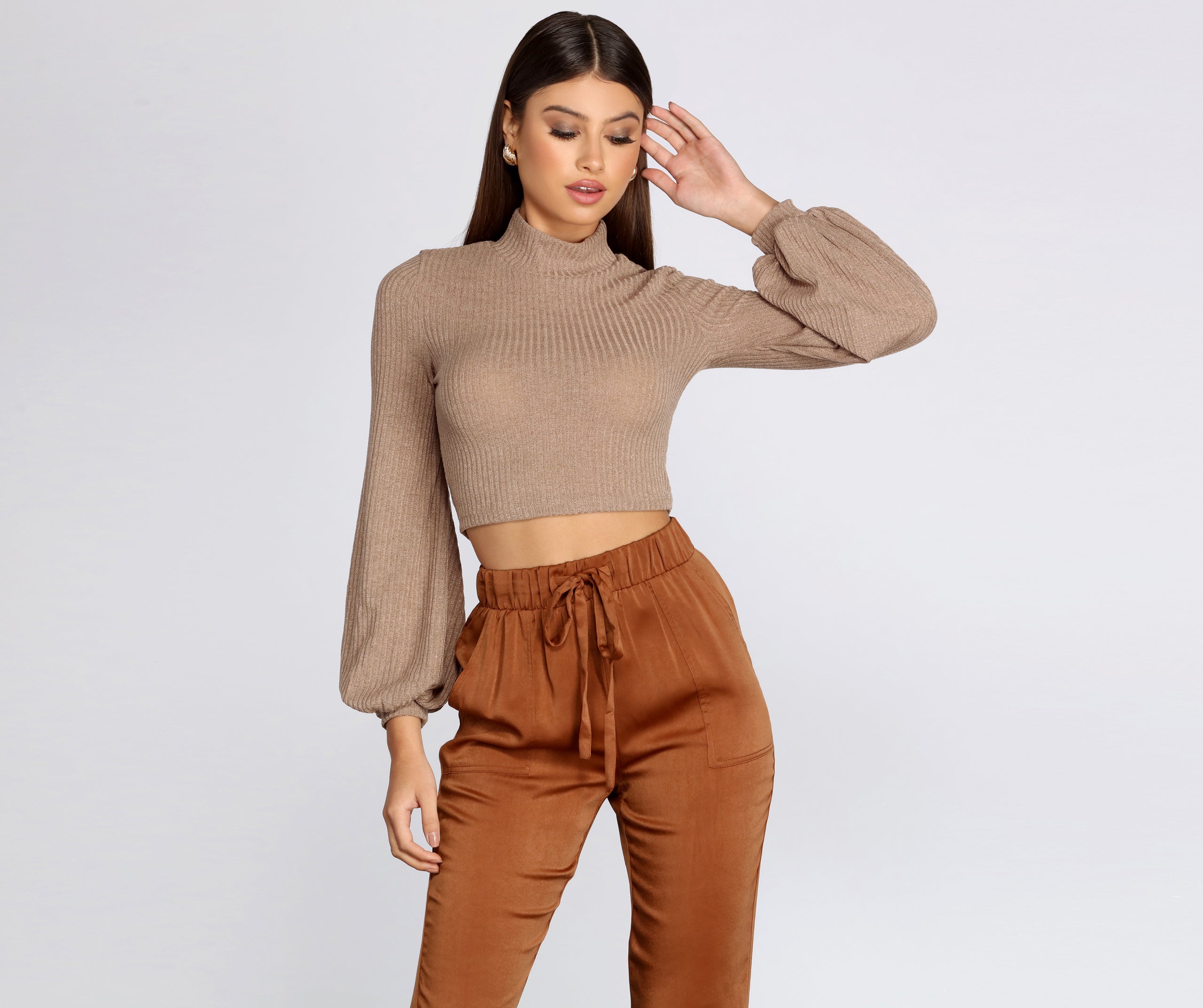 Balloon Sleeve Mock Neck Crop Top