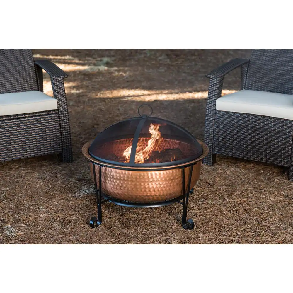 Fire Sense Palermo 26 in. x 21 in. Round Hammered Wood Burning Fire Pit in Copper With Fire Tool