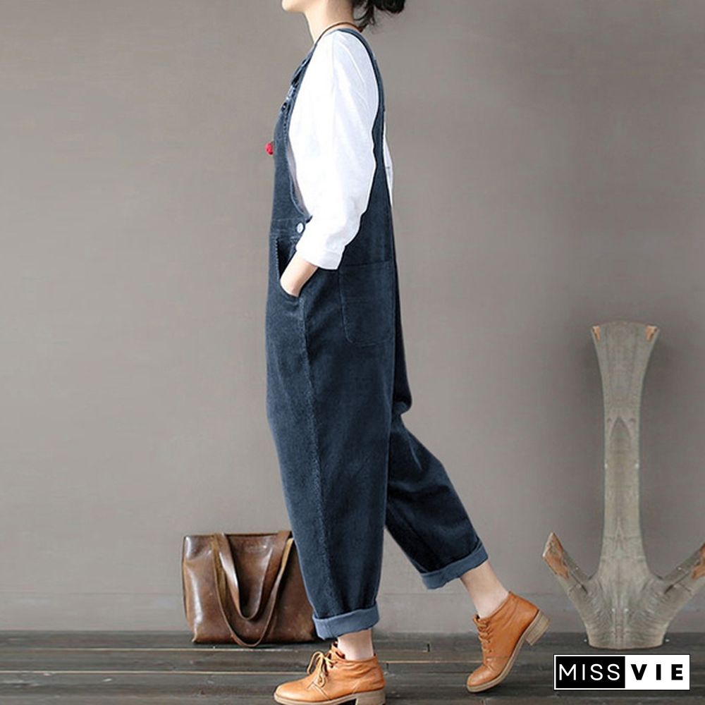 ZANZEA Women New Retro Solid Color Corduroy Suspender Pants Jumpsuit Rompers Long Pants Dungaree