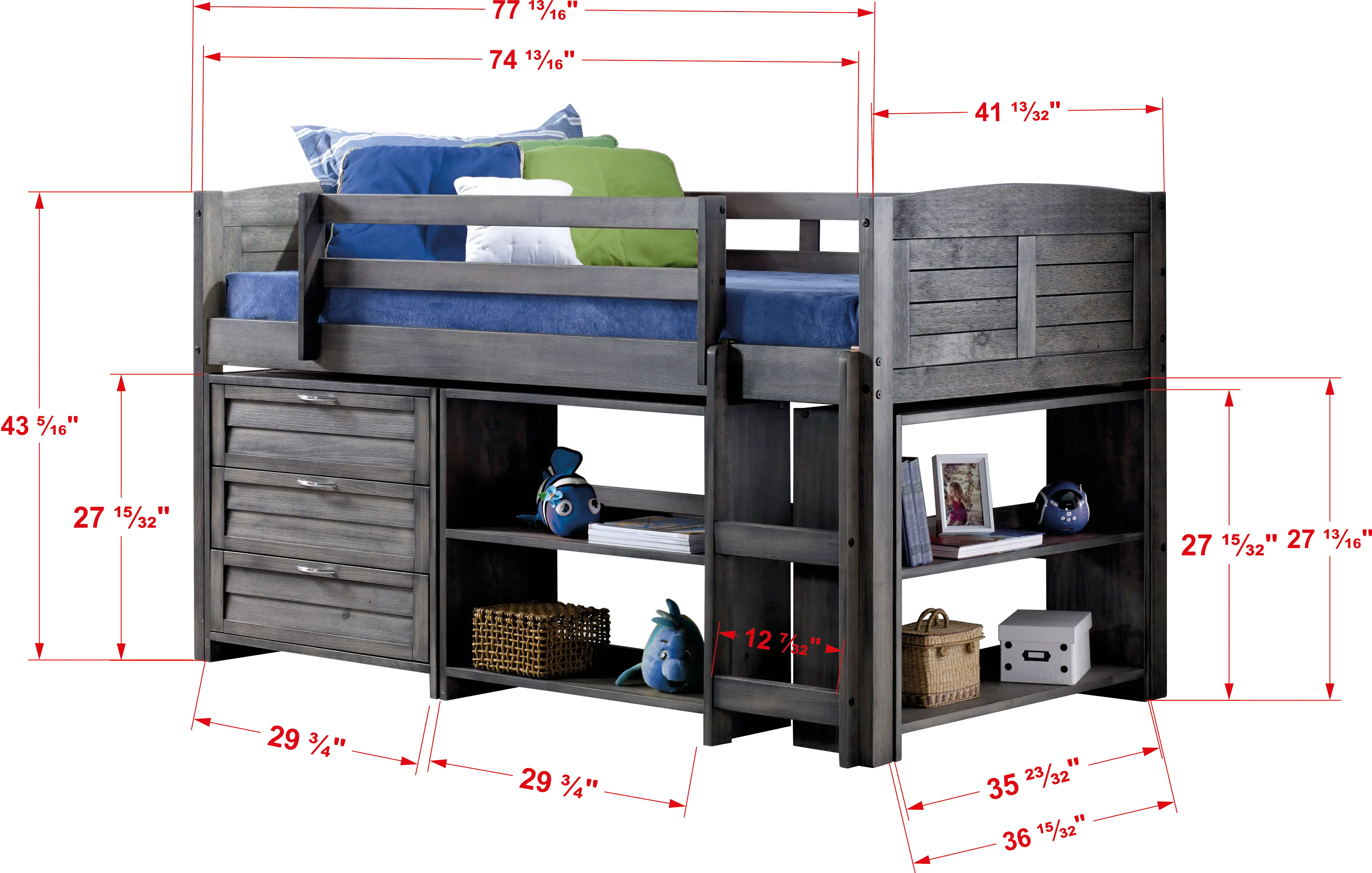 Louver Antique Gray Low Loft Bed Style A