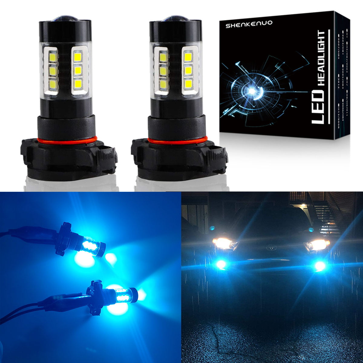 H16 5202 LED Fog Light Bulbs 8000K Ice Blue，For Ford Escape Mustang 07-13 Explorer Sport Trac 07-10)，High Power 50W LED Bulbs for Signal， Turn， Brake， Parking， Tail， DRL Fog Lights，SHENKENUO