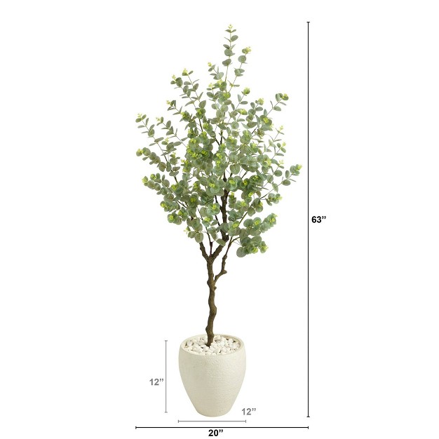 Nearly Natural 63-in Eucalyptus Artificial Tree In White Planter