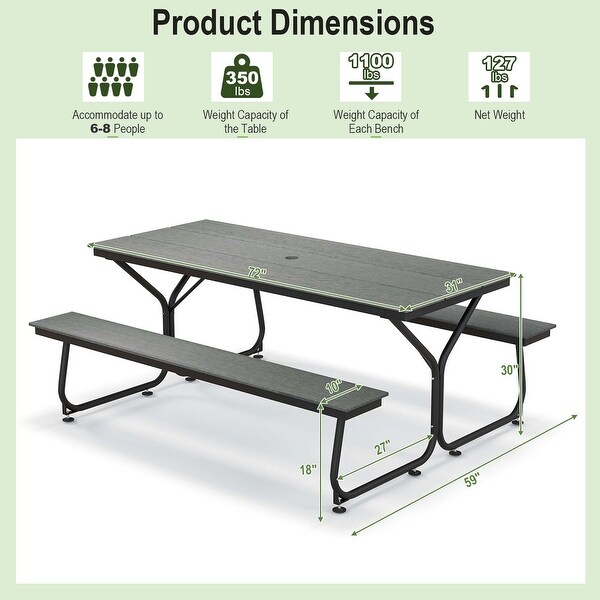 6FT Picnic Table Bench Set HDPE Table for 68 Person Brown/Grey