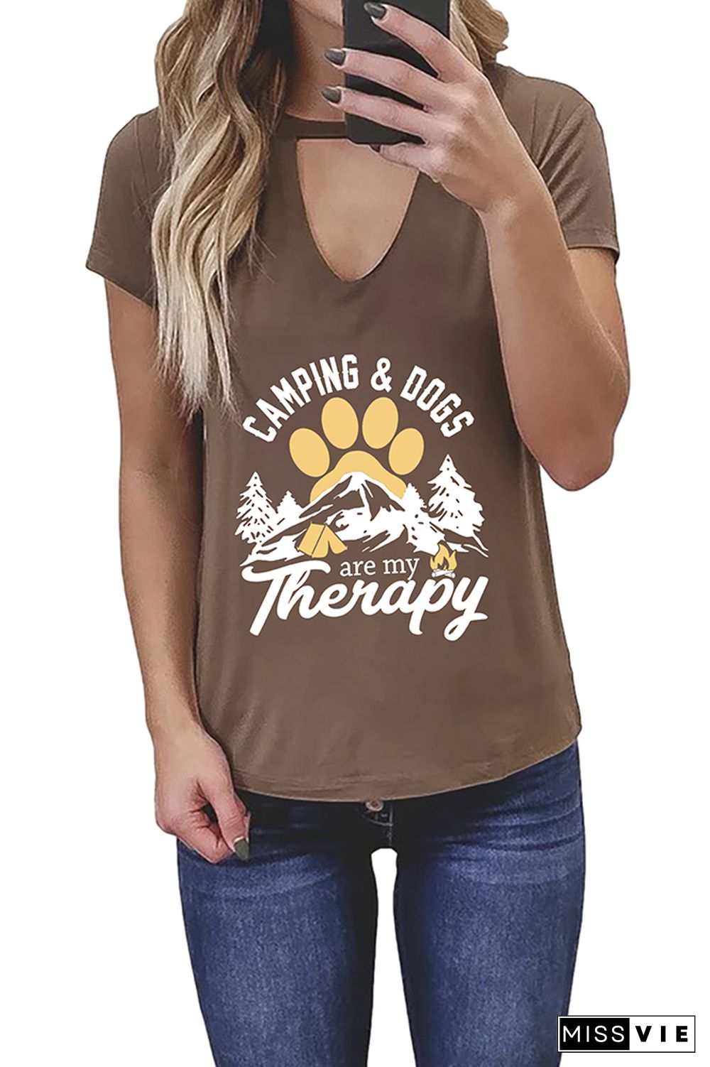 Camping and Dogs are my Therapy Graphic Tees for Women Wholesale Short Sleeve T shirts Top