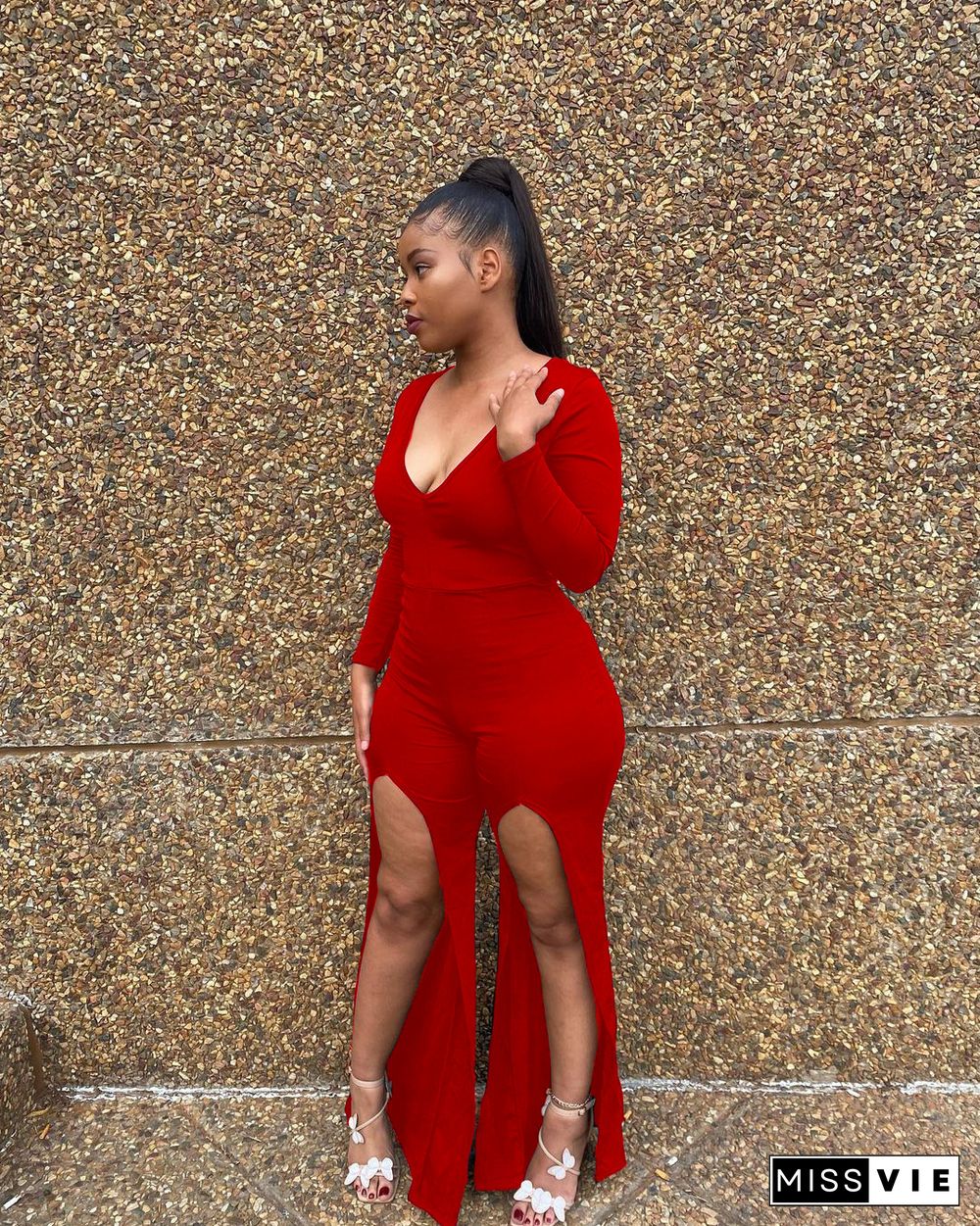 Fall Fashion V-Neck Double Leg Slit Jumpsuit