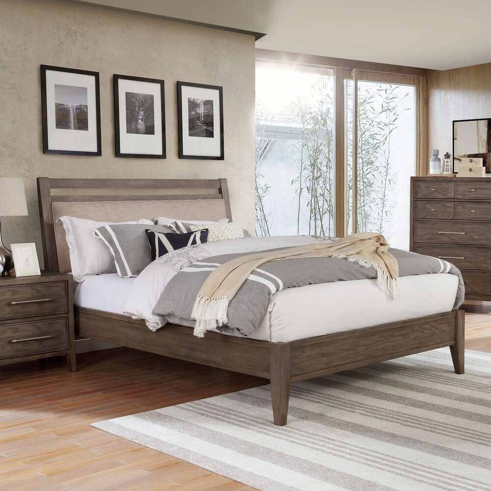 Ninn Transitional Grey Wood USB Port 3 Piece Padded Platform Bedroom Set with 2 Nightstands by Furniture of America