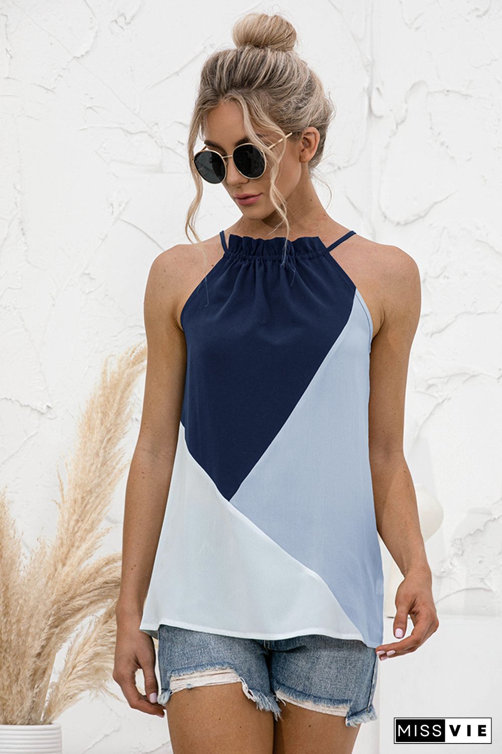 Color Block Halter Sleeveless Tank Top