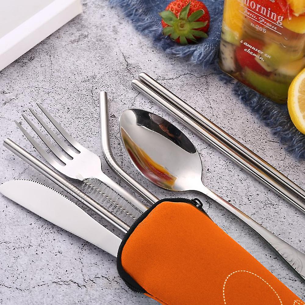 Outdoor Portable Stainless Steel Cutlery Set - Half Flower - Seven-piece Straw Set