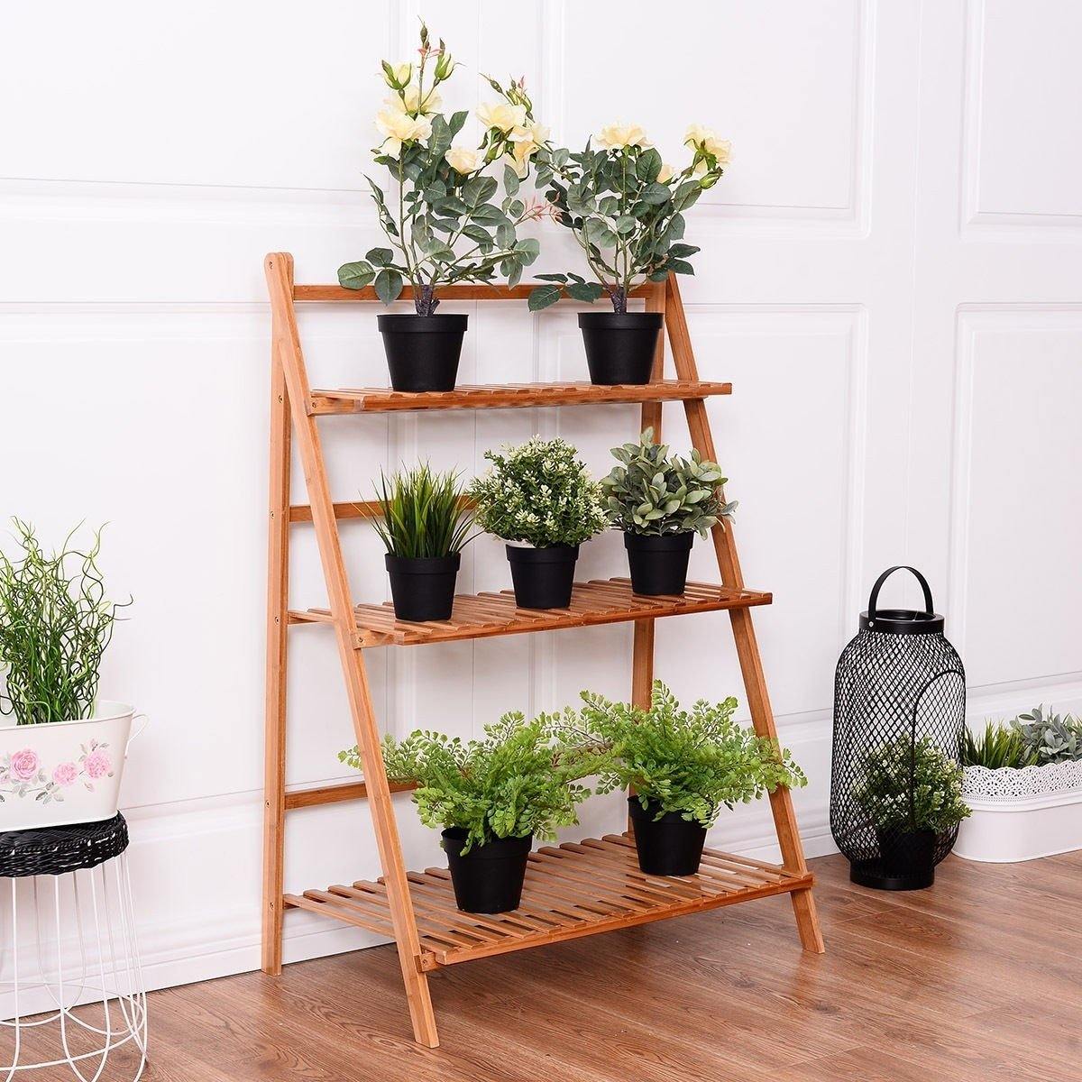 3 Tier Folding Bamboo Plant Stand Organizer Storage Shelving