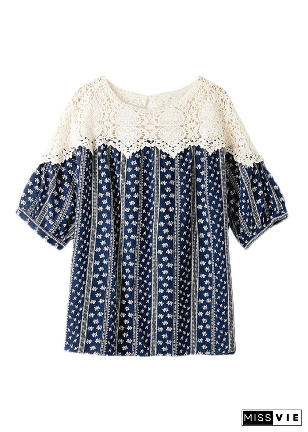 Fashion Navy O-Neck Print Lace Patchwork Shirt Summer