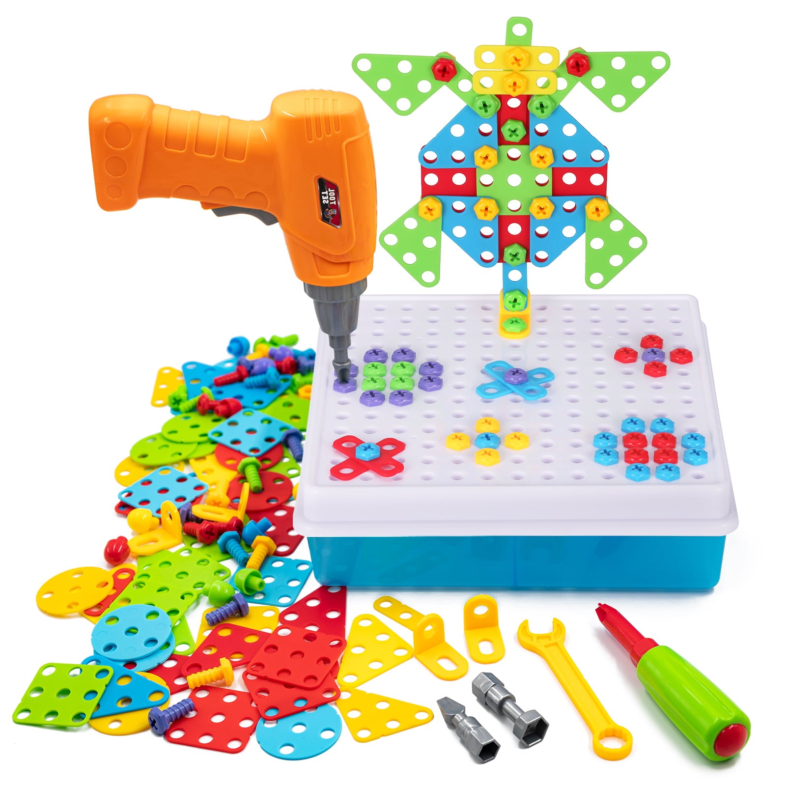 Creative Mosaic Drill Puzzle Set with Screwdriver Construction Tools for Kids， Play Construction Toys