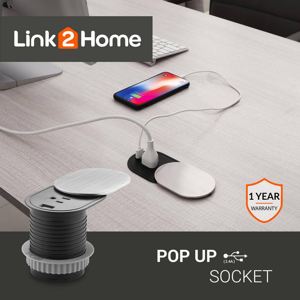 Link2Home 1-Power-Outlet Space Saver Grommet Socket 1 USB Port 2.4 Amp Splash Resistant in Stainless-Steel EM-PU-300E